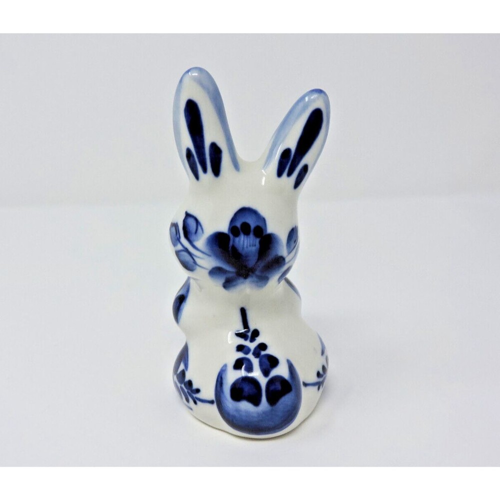 Rabbit Bunny Carrot Gzhel Porcelain Figurine Handmade Russia Cobalt White 4.5in - Picture 7 of 15